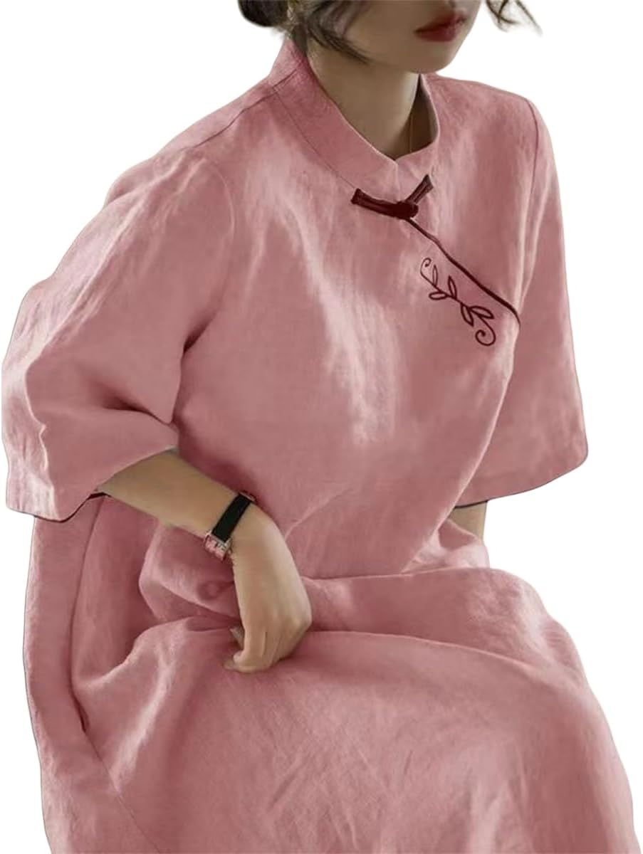 Women's Chinese Qipao Dress – Vintage Embroidered Cheongsam Loose Cotton Linen Mandarin Collar Midi Dresses Elegant Traditional Outfit for Summer Daily Cultural Wear