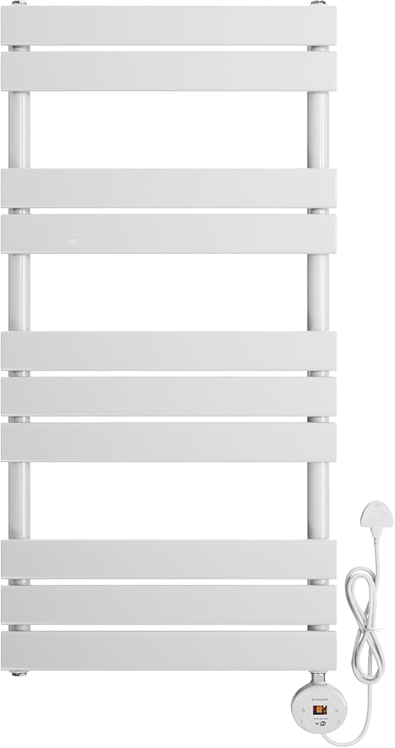 ELEGANT 600W Smart Electric Heated Towel Rail, WiFi-Controlled Wall Mouted Bathroom Towel Warmer & Dryer with Programmable Thermostat, UK Plug, LCD Display, Energy Efficient, White 1000 x 500mm