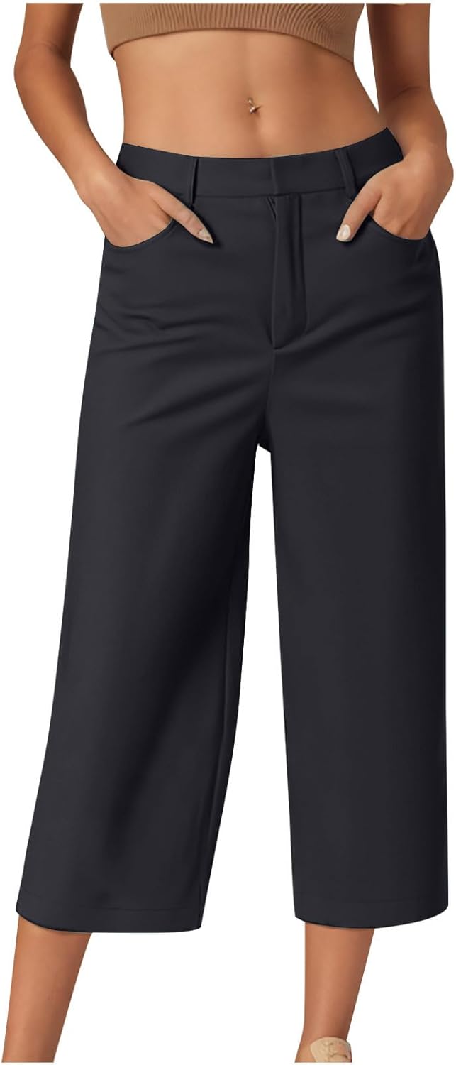 HAOLEI Cropped Trousers Women Summer Wide Leg Petite Ladies Capri Pants Casual Smart Tailored Suit Trousers Straight Leg Work Office Dress Pants with Pockets UK Sale Clearance