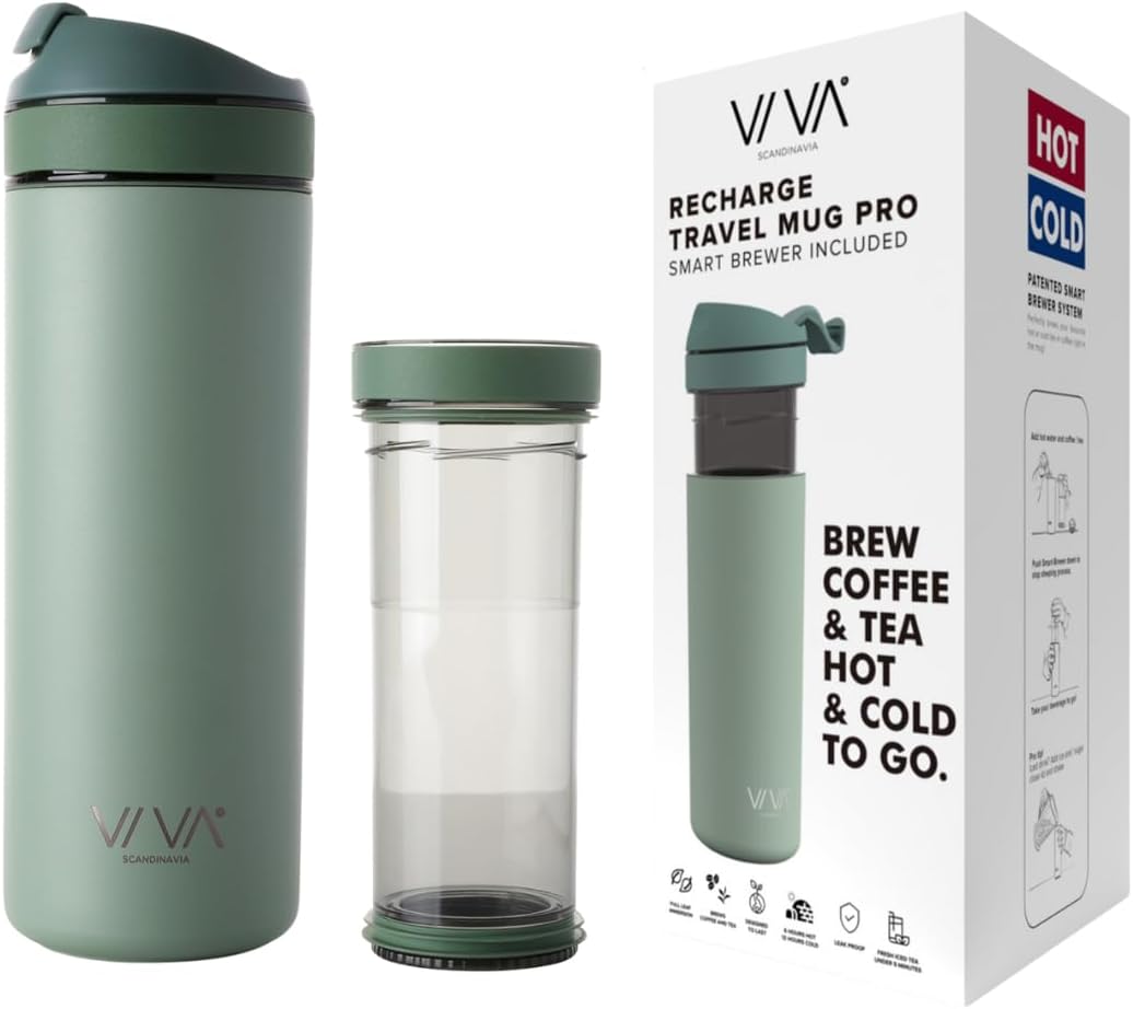 VIVA Recharge Mint Insulated Tea & Coffee Mug & Travel French Press Coffee Maker, 16 oz, Brew & Drink From the Same Coffee Mug On the Go or Camping