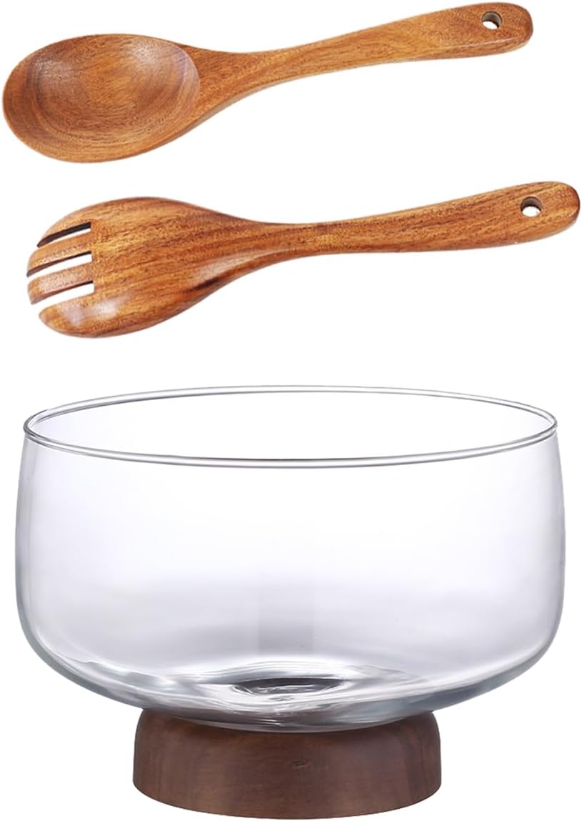 Glass Salad Bowl - Salad Serving Bowl - Acacia Wooden Salad Bowl Set - Extra Large Salad Bowl with Serving Utensils - For Fruits, Popcorn, Chips, Pasta, Main Courses