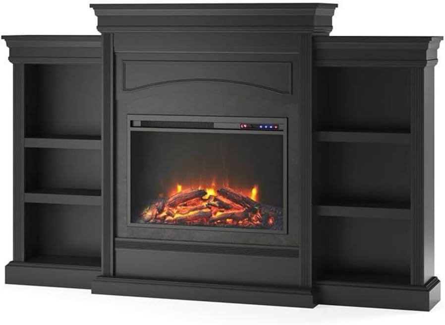 Ameriwood Home Lamont 69 Inch Electric Fireplace with Mantel, Shelves, Replaceable Fireplace Insert Heater, Remote Control, Timer, Realistic Log and Flame Effect, For Living Room or Bedroom, Black