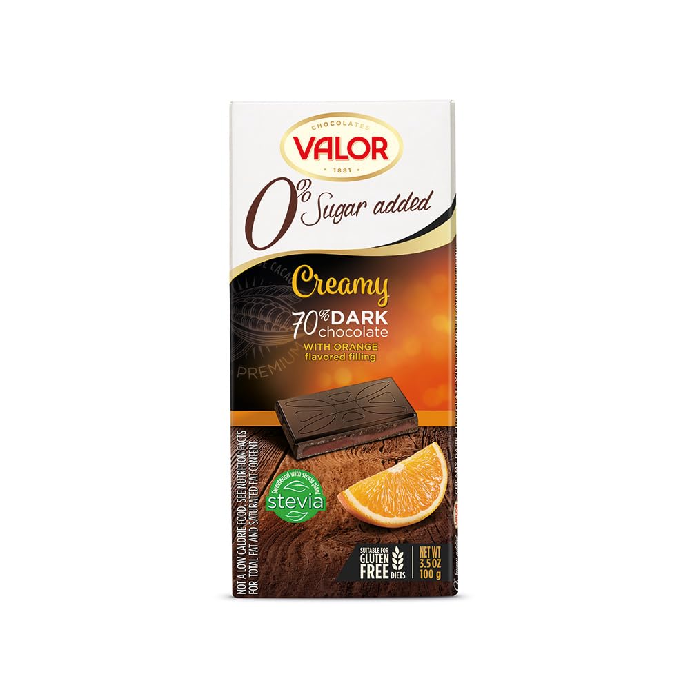 Valor. 70% Dark chocolate with Orange. No sugar added. 100g (3.53oz).