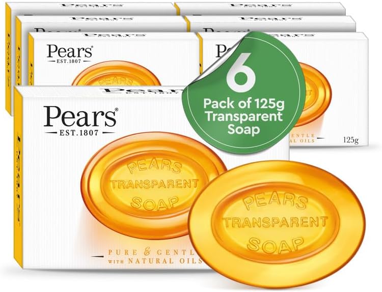 Pears Pure & Gentle Transparent Natural Soap Bar - Made with Natural Oils, Nourishing and Refreshing Bathing Cleanser, Gentle & Soothing Skin Care, Pure Transparency, Pack of 6 x 125g