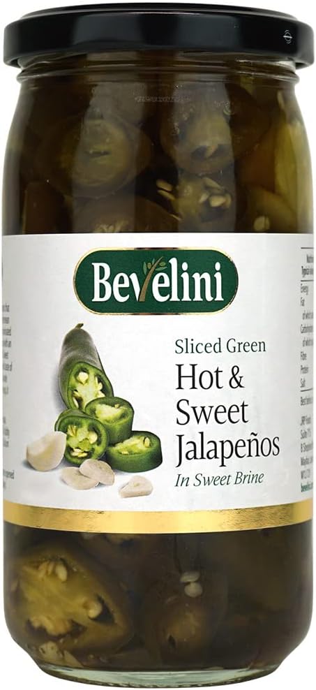 Bevelini Mediterranean Sliced Green Hot and Sweet Jalapenos in Sweet Brine 400g (Pack of 6)