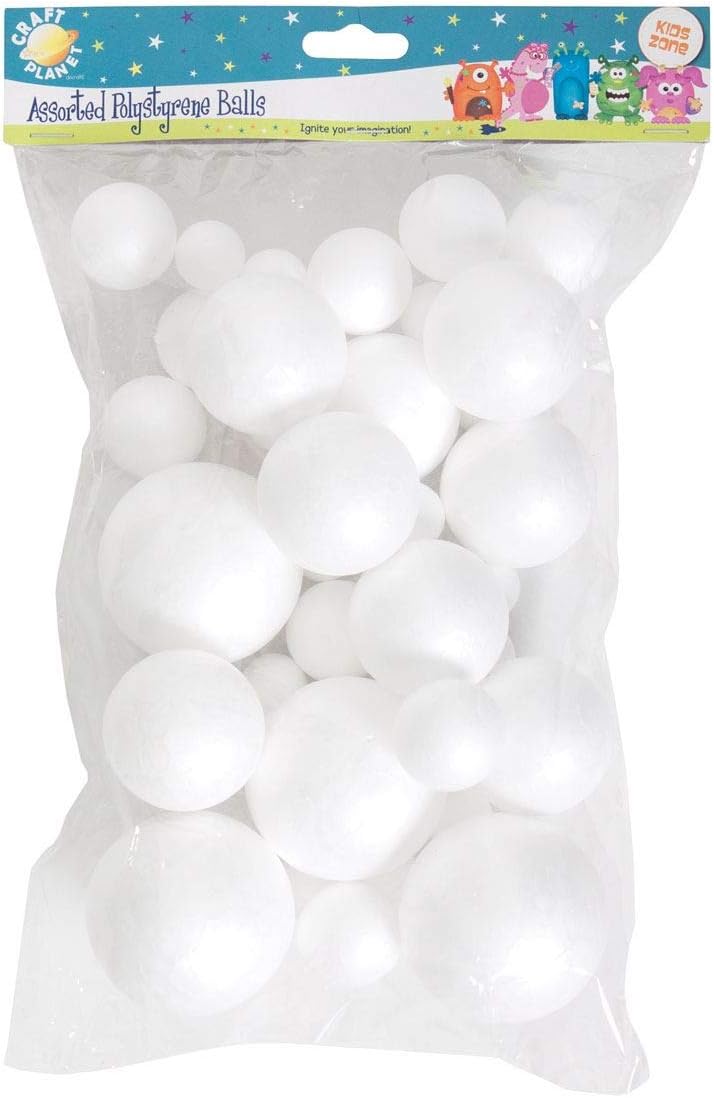 Craft Planet Polystyrene Balls 40 Pieces, White, Assorted Sizes, for Arts and Crafts, Kids, Kids, Basic Shapes, Perfect Base, Decoupage, Painting, Bauble-Making