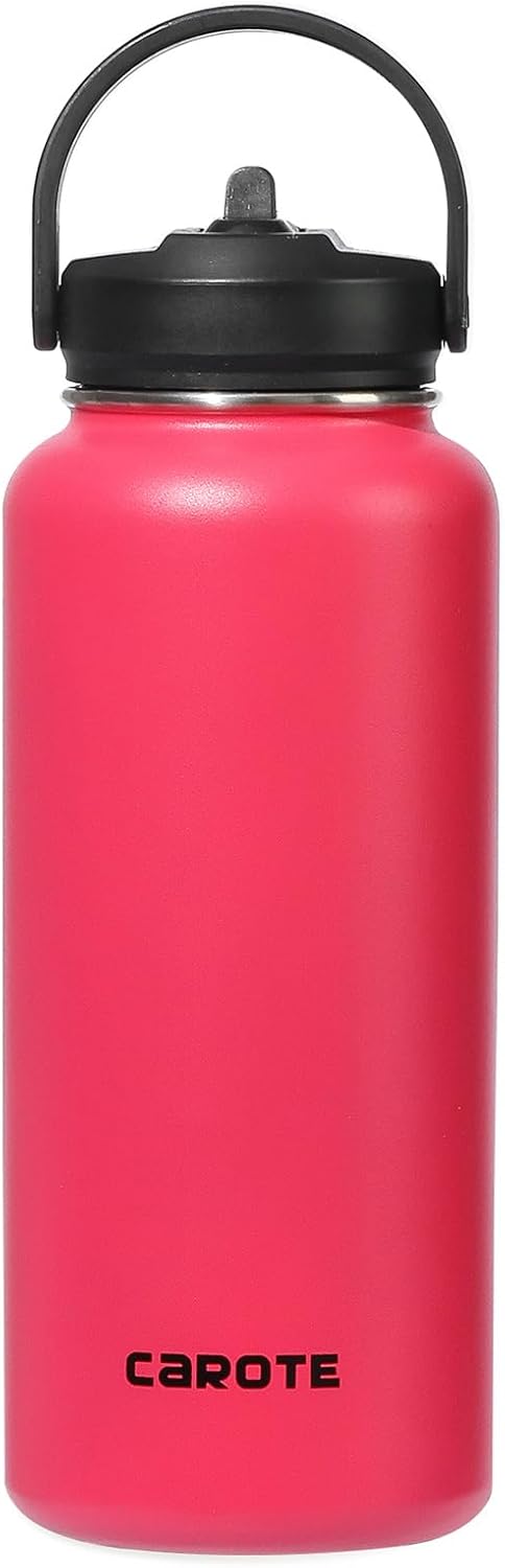 CAROTE Stainless Steel Water Bottle with Straw, Vacuum Insulated Water Flask, Double Walled Drink Flask for Hot Cold Drinks, Leak Proof, Sweat Free, 32oz, 960ml, Rose