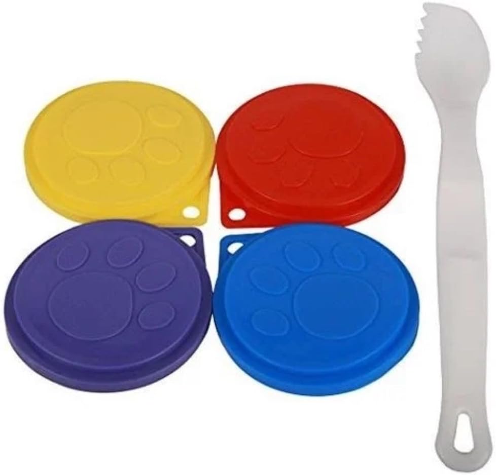Pet Touch 4 x PET FOOD CAN COVERS CAT DOG REUSABLE PLASTIC LID COVER WITH FREE SPOON/FORK