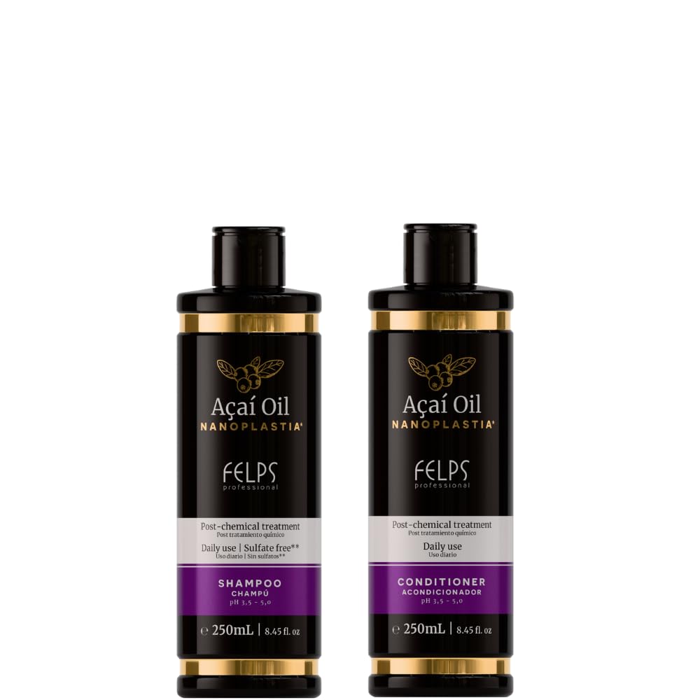 Kit Felps Professional Acai Oil Nanoplastia Shampoo and Conditioner Set, Post-Chemical Treatment, Daily Use, Sulfate Free, 8.45 fl oz, 2 Pack