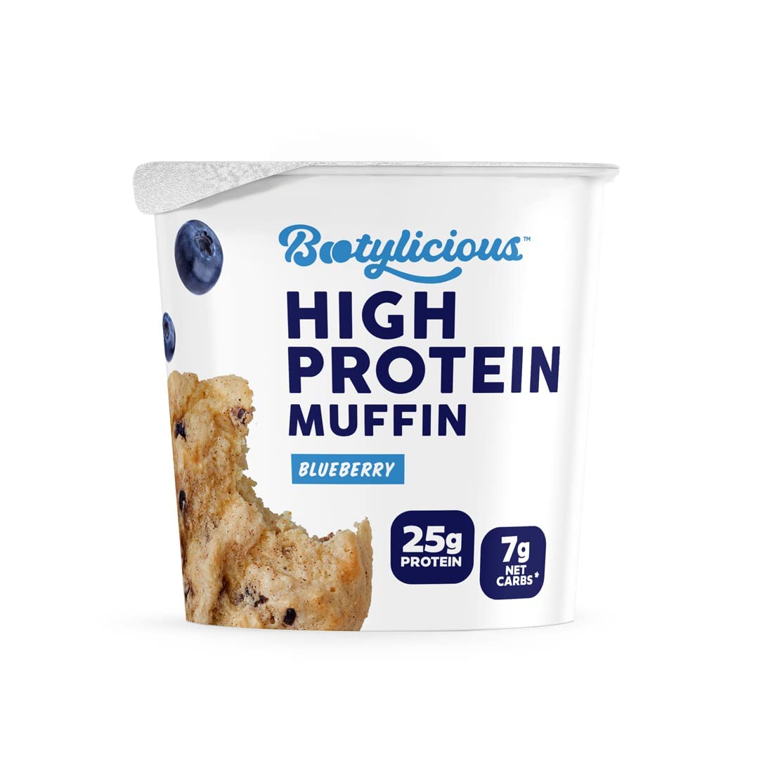 Bootylicious | High-Protein Muffin | 25g Protein, 7g Net Carbs, 2.32-2.75oz Cup, 12-Pack (Blueberry)