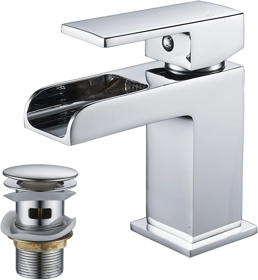 Luckyhome Waterfall Basin Tap with Waste,Bathroom Single Lever Chrome Plated Brass Sink Mixer Tap