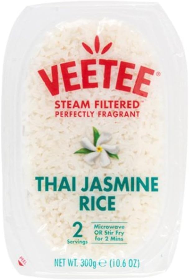 VEETEE Microwavable Thai Jasmine Rice Tray, Quick Cook Cupboard Food, Low Sodium, Wheat-Free, No Artificial Colours, Flavours or Preservatives, 300 g (Pack of 6)