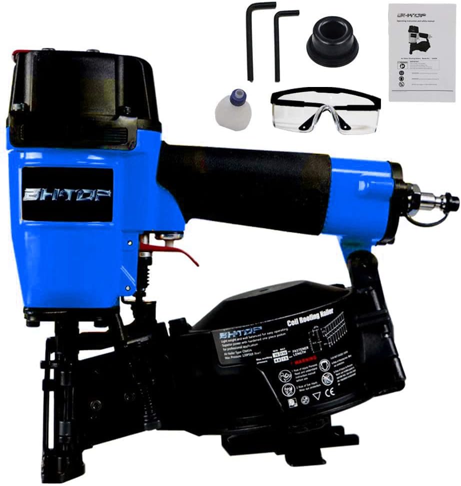 BHTOP CN45N Roofing Nailer, 15 Degree Roofing Nail Gun, 3/4-Inch to 1-3/4-Inch Coil Nails, 120-pcs Load Capacity Coil Nailer in Blue