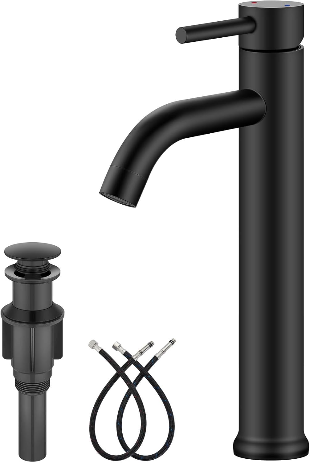 Aolemi Matte Black Vessel Sink Faucet Bathroom Faucet Tall Stainless Steel Bathroom Sink Faucet Single Handle One Hole Round Body with Pop up Drain Basin Bowl Vanity Lavatory Mixer Tap