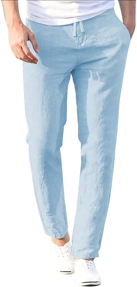 Men’s Linen Pants Casual Dress Pant Lightweight Elastic Waist Drawstring Summer Beach Trousers with Pockets