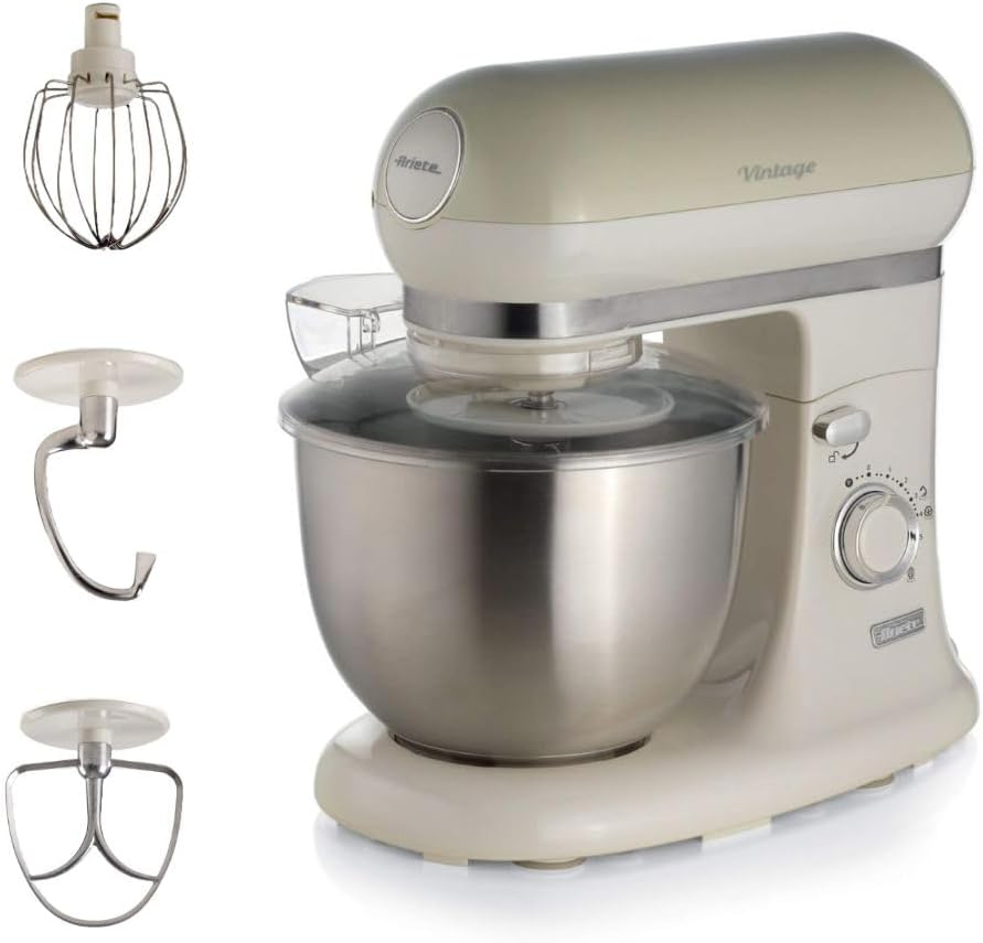 Ariete Vintage 8803 Stand Mixer Food Processor, 1200W, 5.5 Litre Stainless Steel Bowl, Planetary Motion, 7 Speeds + Pulse, Anti Splash Cover, Cream