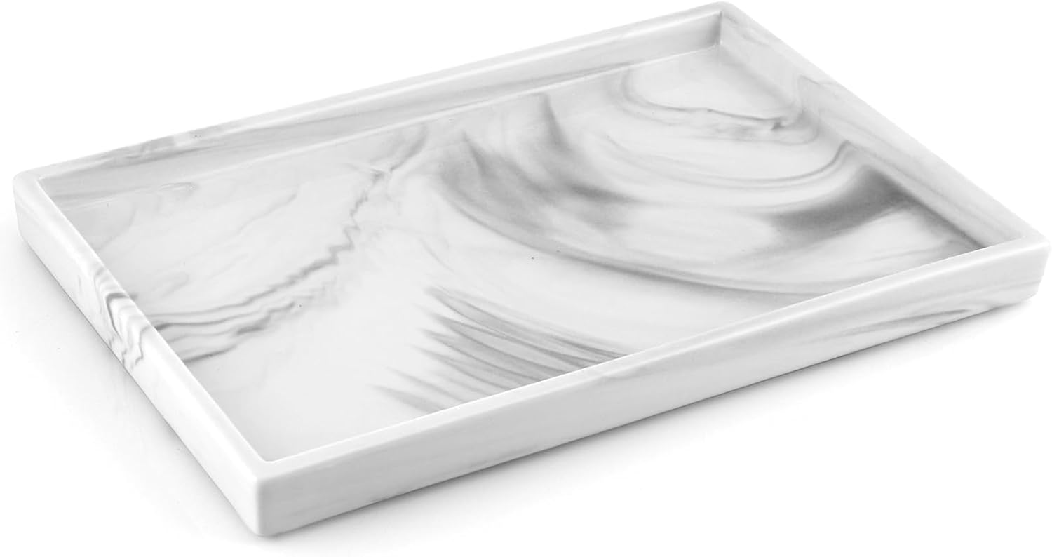12" Large Ceramic Vanity Tray, Rectangle Perfume Plate Organizer, Jewelry Holder Dish, Non Slip Decorative Tray for Bathroom, Bedroom, Kitchen, Coffee Table (Marble Grey)