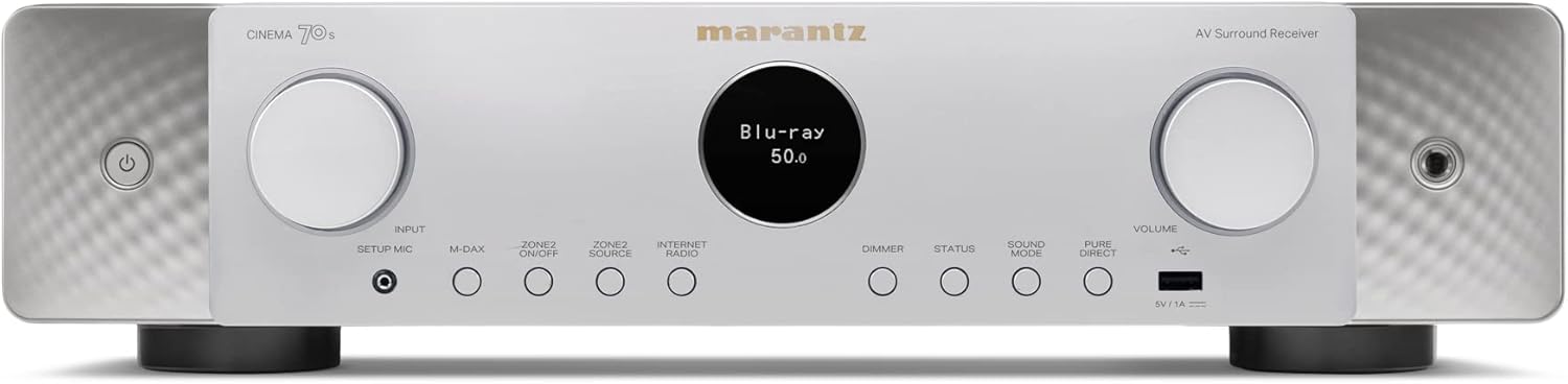 Marantz Cinema 70s Slimline 7.2 Amplifier, Amplifier HiFi, Alexa Compatible, 6 HDMI Inputs & 1 Output, 8K Video, Bluetooth, Wi-Fi, Music Streaming, Dolby Atmos, AirPlay 2, HEOS Multiroom, Silver-Gold