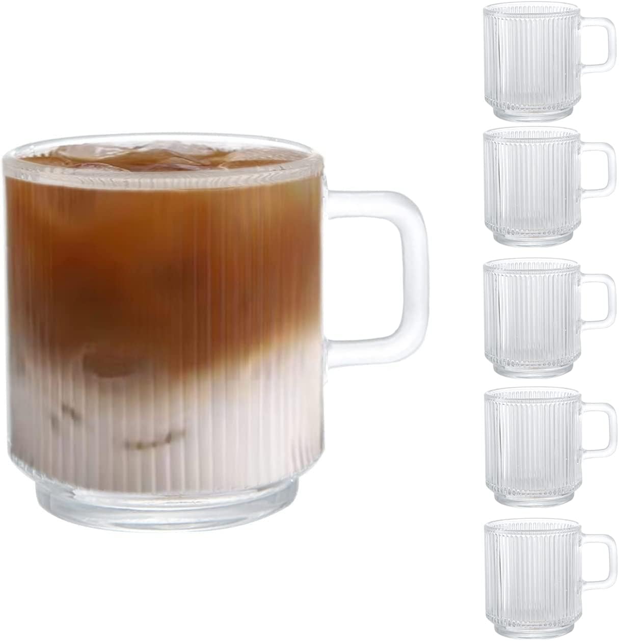 D.M DESIGN·MASTER [6 Pack, 350ML - Glass Coffee Mugs with Handle, Classic Vertical Stripes Tea Cup,Transparent Tea Glasses for Hot/Cold Beverages.