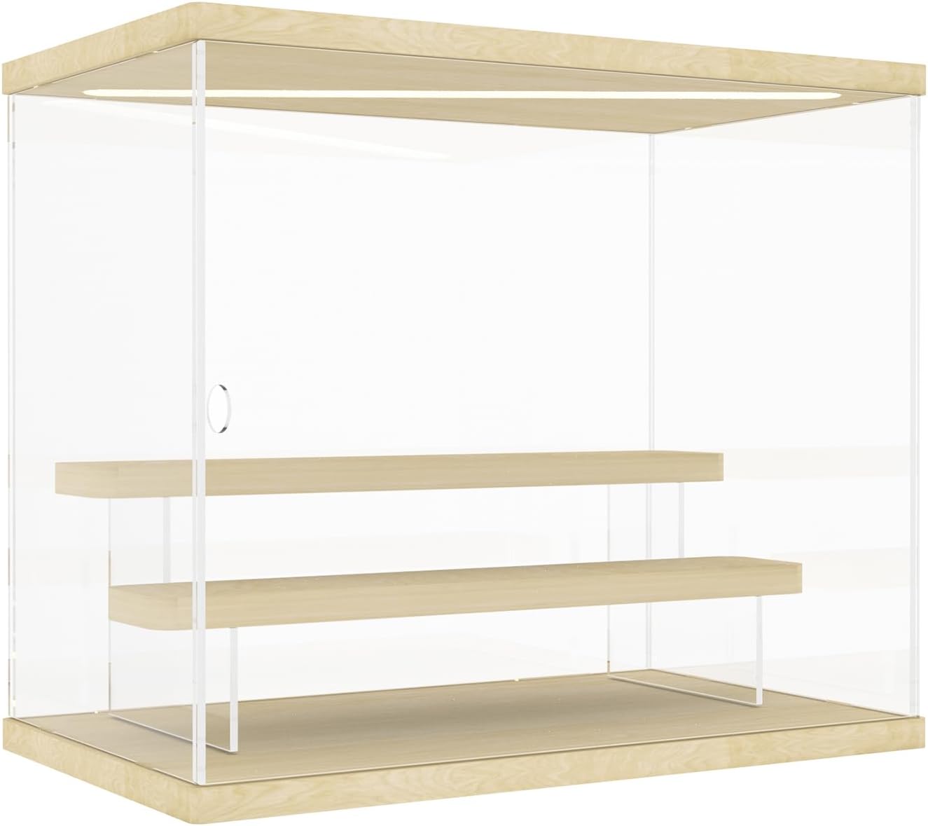 Nynelly 3 Tier Acrylic Display Case for Models, Mini Figures, Pop Mart, Labubu, Sonny Angel, Smiski - Assemble Dustproof Display Box with Light, Door, Display Stand (Wood Top Base Step)