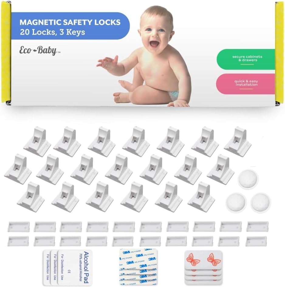 Eco-Baby Cupboard Locks for Children- Pack of 20 Magnetic, Child Safety Lock Latches with 3 Keys for Kitchen Cupboards and Drawers - Baby Safety Products - White