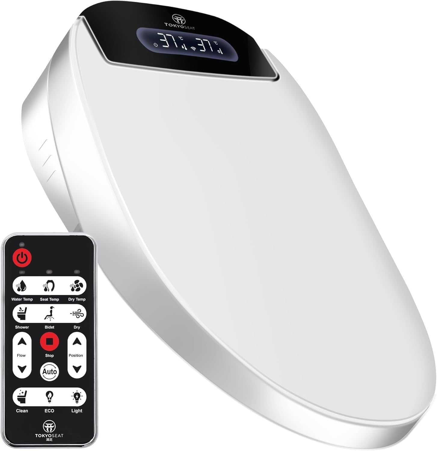 Smart Japanese Bidet Toilet Seat with Remote Control, Standard UK Size, Heated Seat, Warm Water Wash & Air Dryer, Self-Cleaning Nozzle, Night Light, Soft Close, UK Plug