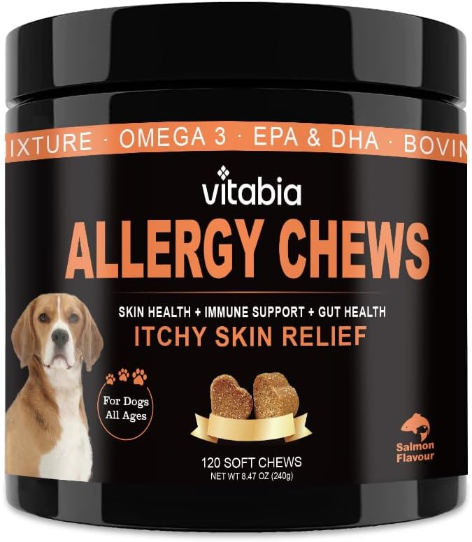Dog Itchy Skin Relief Chews – Allergy Treatment with Omega 3, Salmon Oil, Licorice Root & Turmeric – Probiotic Anti-Itch Supplement – Natural Dog Treats for Allergies