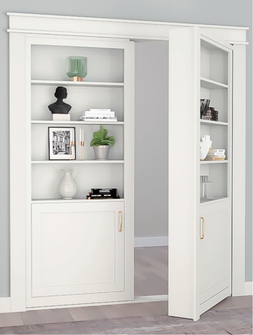 Quick.Simple.Easy SEQ Contemporary Style Wooden Push Door with Hidden Bookcase. Bookshelf Doo, White Bookcase with Doors, Adjustable Shelves, 1 Cabinet