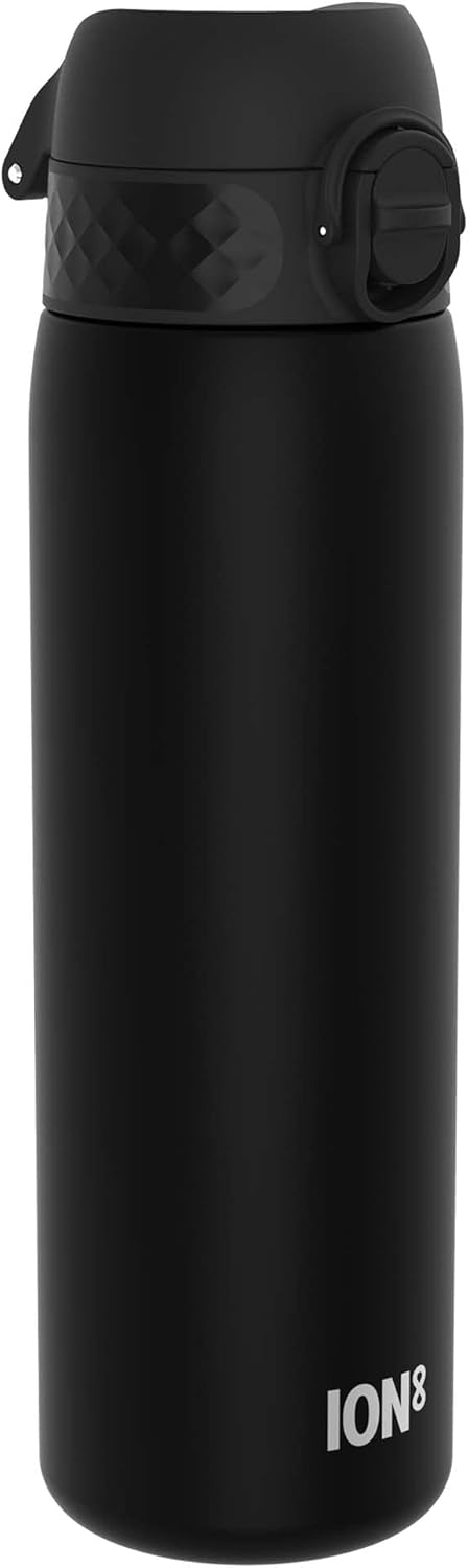 Ion8 Water Bottle, 500 ml/18 oz, Leak Proof, Easy to Open, Secure Lock, Dishwasher Safe, BPA Free, Hygienic Flip Cover, Carry Handle, Fits Cup Holders, Easy Clean, Carbon Neutral, Black