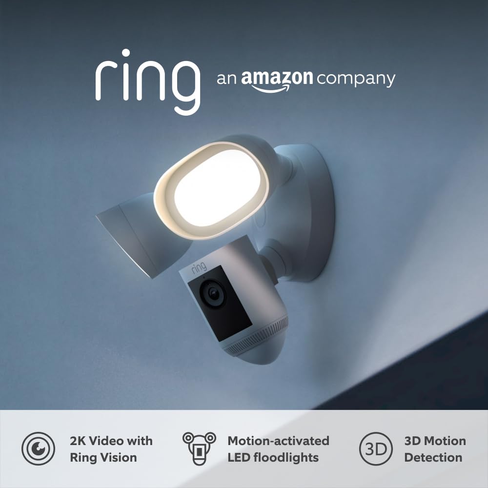 Ring Floodlight Cam Wired Pro | Outdoor Security Camera with 2K Video with Ring Vision, 3D Motion Detection, Bird's Eye View, Siren, alternative to CCTV system | 30-day free trial of Ring Home