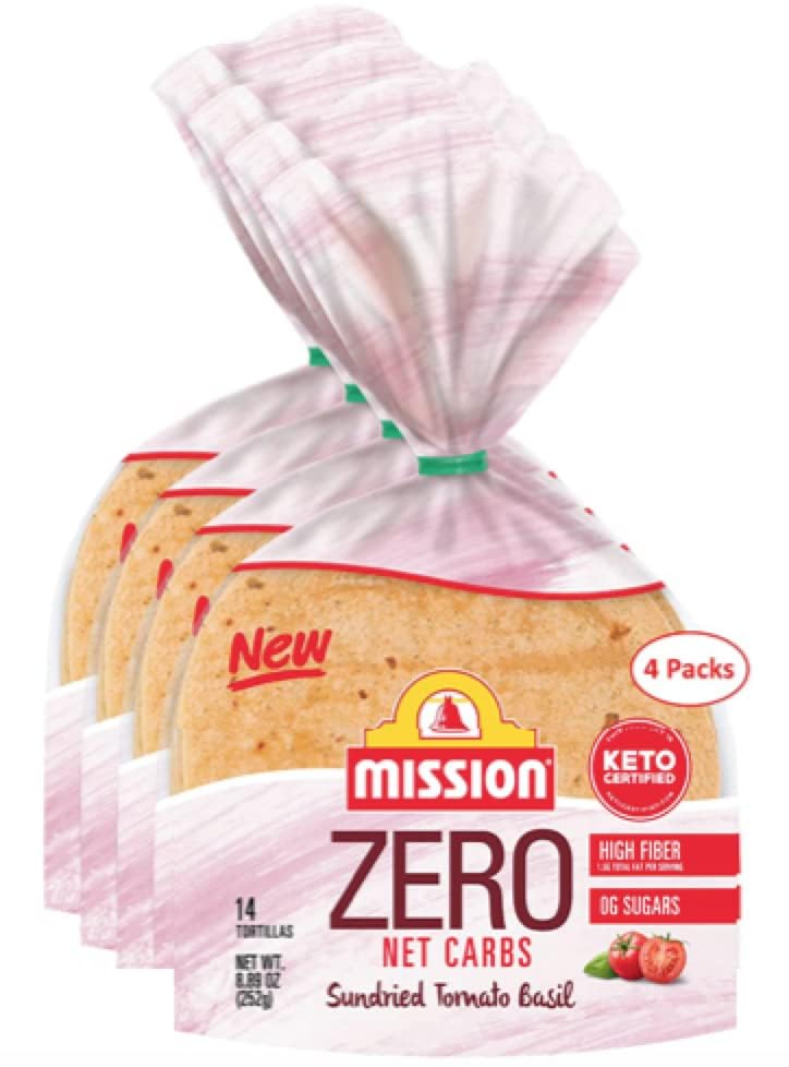 Mission Zero Net Carb Sundried Tomato Basil Tortillas - 0g Net Carbs - Keto Certified - 4.5" Street Taco - 14 Count, 8.89 oz. - Keto Friendly Low Carb Tortilla - 4 Pack