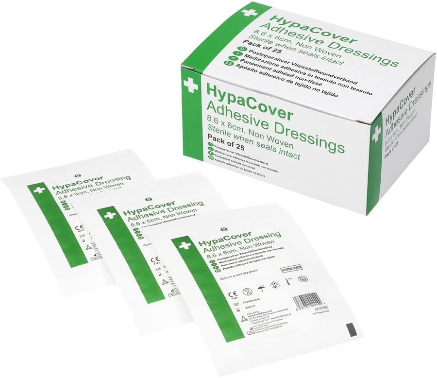 Safety First Aid Group HypaCover Adhesive Wound Dressing - Medium, 8.6 x 6 cm (Pack of 25) Sterile Hypoallergenic