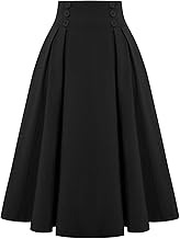 Belle Poque Women Vintage Skirt High Waist Pleated Skirt Midi A-Line Skirt with Pockets