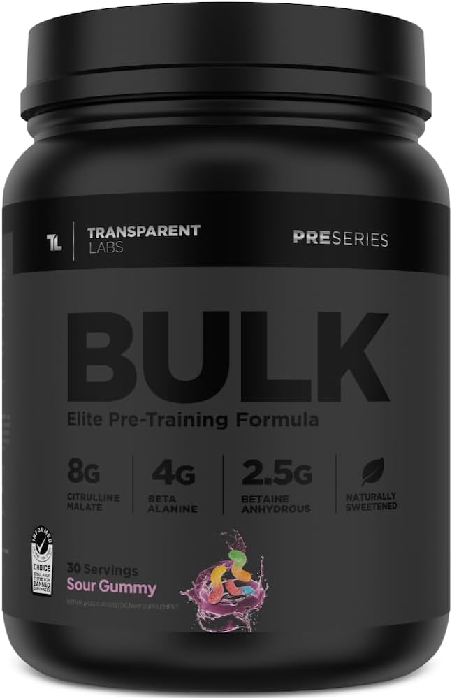 Transparent Labs Bulk Black Pre Workout - Clinically Dosed, Sugar Free Preworkout for Men and Women with Beta Alanine Powder, Citrulline Malate, & Caffeine - 30 Servings, Sour Gummy