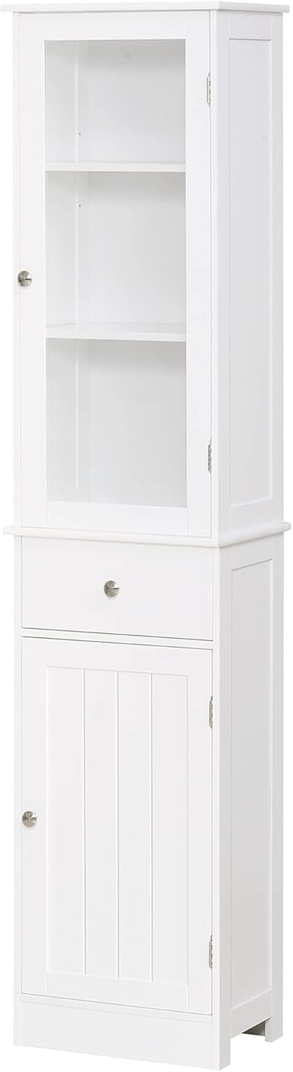 kleankin Slim Bathroom Storage Cabinet, Tall Bathroom Cabinet, Narrow Linen Tower with Acrylic Door, Drawer and Shelves, White
