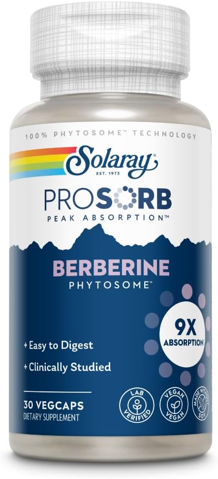 Solaray Berberine Phytosome - 9X Absorption and Easy-to-Digest - Standardized to 30% Berberine HCl - Vegan, Made Without Soy - 60-Day Guarantee - 30 Servings, 30 VegCaps