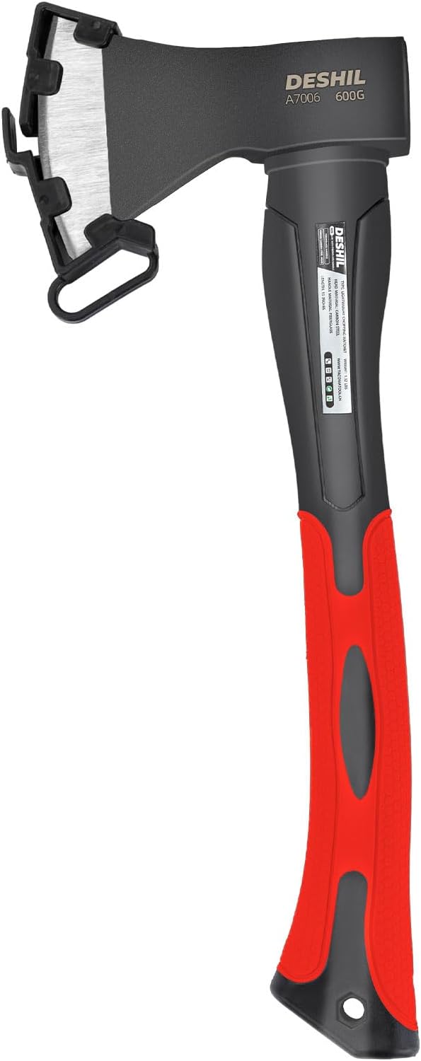 Chopping Axe, 15”Outdoor Hatchet Forged Carbon Steel Heat Treated Hand Maul Tool, Fiberglass Shock Reduction Handle with Anti-Slip Grip,Red