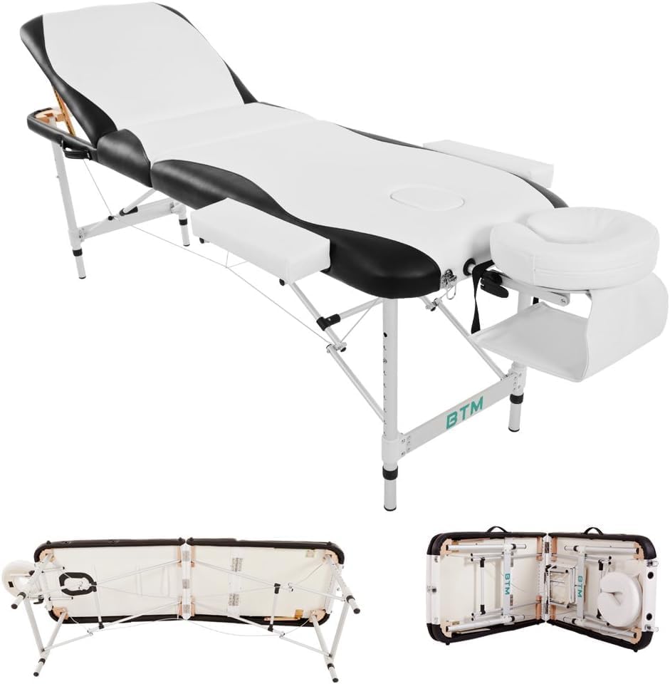 BTM Massage Table, Aluminium Lightweight Massage Bed, Eyelash Bed for Professional Beauty Tattoo Spa,3 Section with PU Leather and 5 cm Foam Headrest Arm support and Carrying Bag (White)