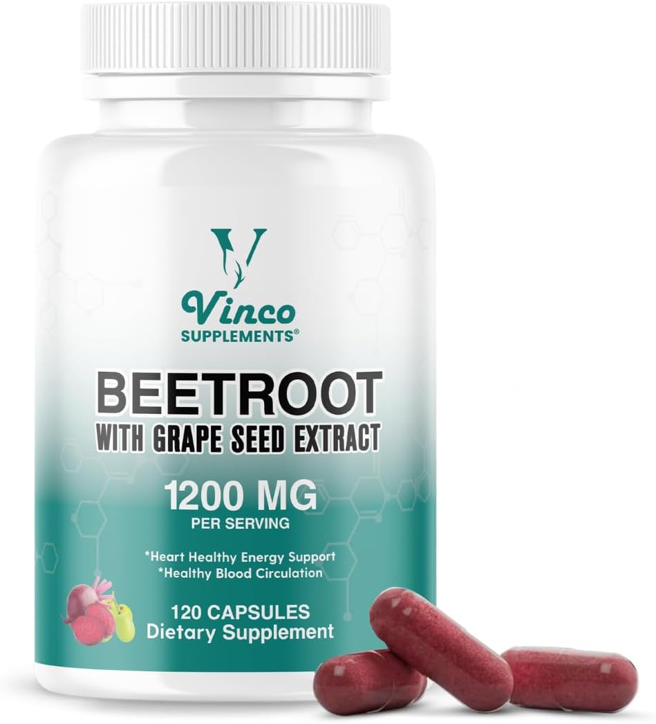 Vinco Beetroot Capsules with Grape Seed Extract 1200mg, 120 Capsules - Helps Support Nitric Oxide Production, Heart Healthy Energy - Highly Concentrated and Bioavailable Beets Supplements