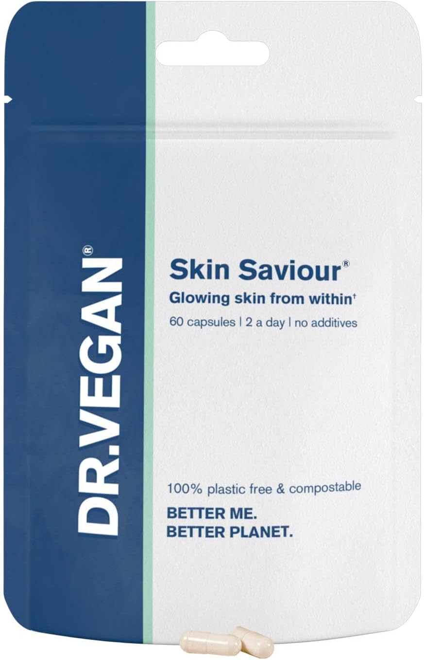 Skin Saviour | Fuels Collagen for Women and Men | Glowing Skin Support with Hyaluronic Acid, Acidophilus, Inulin, and Vitamin C | 60 Vegan Capsules | Two-A-Day | DR.VEGAN