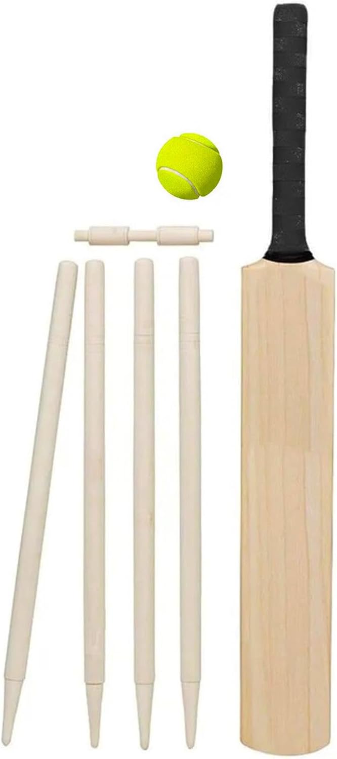 Buystarget 7 Piece Cricket Set Wooden Cricket Bat Rubber Grip Handle Cricket Stumps Base & Soft Ball in Carry Bag Wooden Rounders Outdoor Play Set Games Sports Activities Garden Beach Park Kids Adults