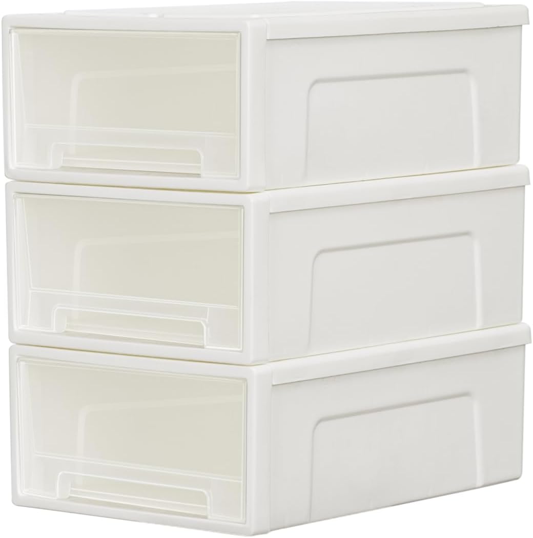 Cetomo 5L*3 Plastic Storage Drawers Unit, Office Desk Organizers, Drawer Organizer, Storage Box, Stackable Tower for Desktop, Bedroom, Dorm, Cosmetics, Durable PP, BPA Free, White & Clear, 5L-3 Pack