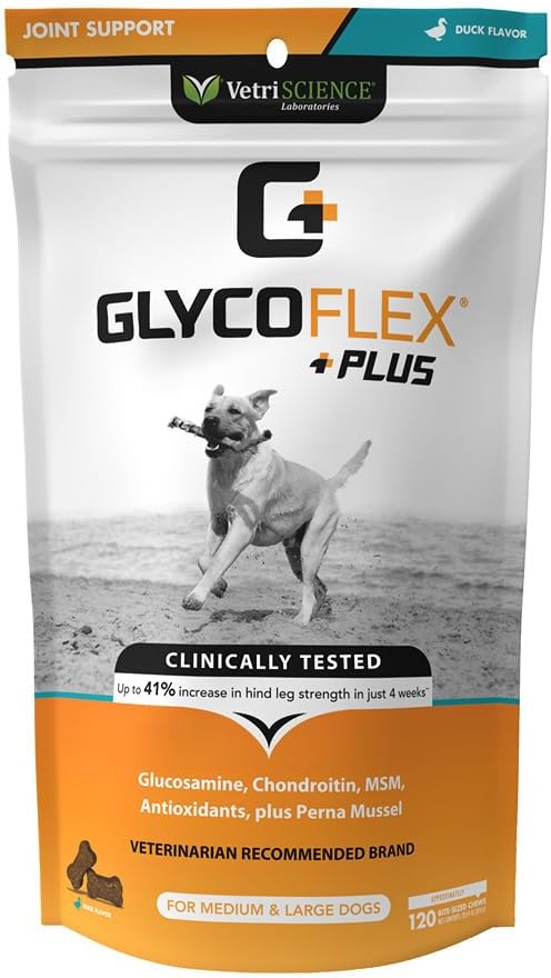 VetriScience GlycoFlex Plus Hip and Joint Supplement for Dogs – Extra-Strength Joint Support Chews with Green Lipped Mussel, Chondroitin, and Glucosamine for Dogs