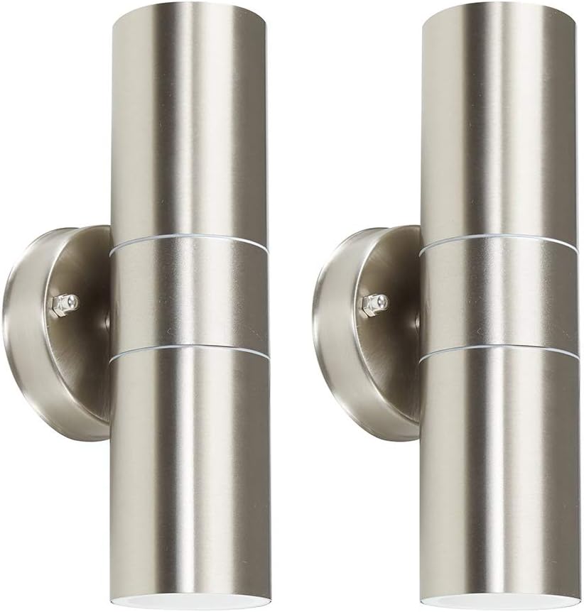 MiniSun | Modern Stainless Steel External Up/Down Security Wall Lights | Outdoor Wall Lights, Home Décor & Improvement Essential | Set of 2 | Mains Wired