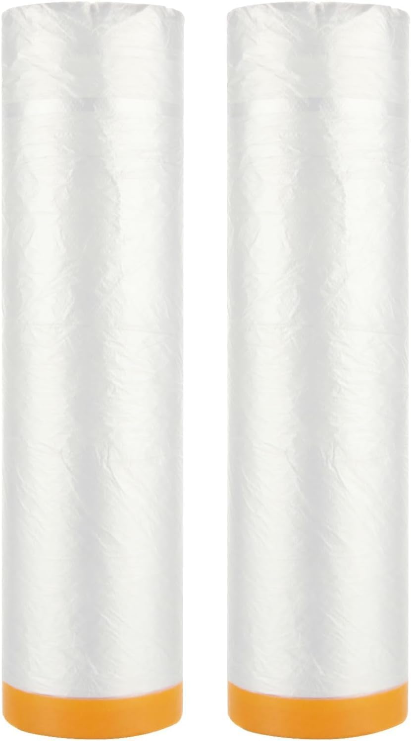 AHAQU 2 Rolls Plastic Dust Sheets for Decorating, 4m x 20m Large Plastic Sheet Rolls, Waterproof Plastic Sheeting, Pre-Taped Plastic Drop Film for Furniture & Carpet Protector, Clear