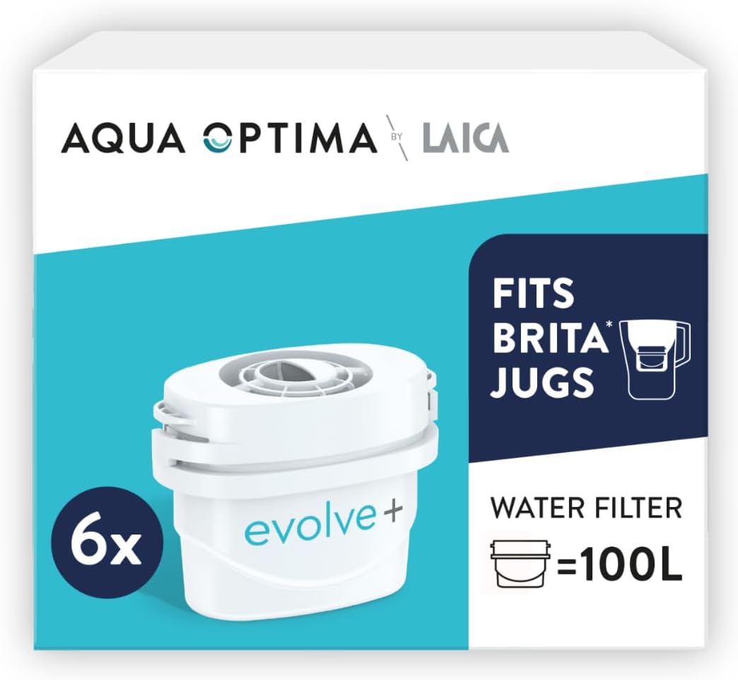 Aqua Optima Evolve+ Water Filter Cartridges, 6 Pack - Fits Brita Jugs & Alternative for Maxtra Filters - Reduces Limescale, Chlorine and Other Impurities - by Laica (Packaging May Vary)