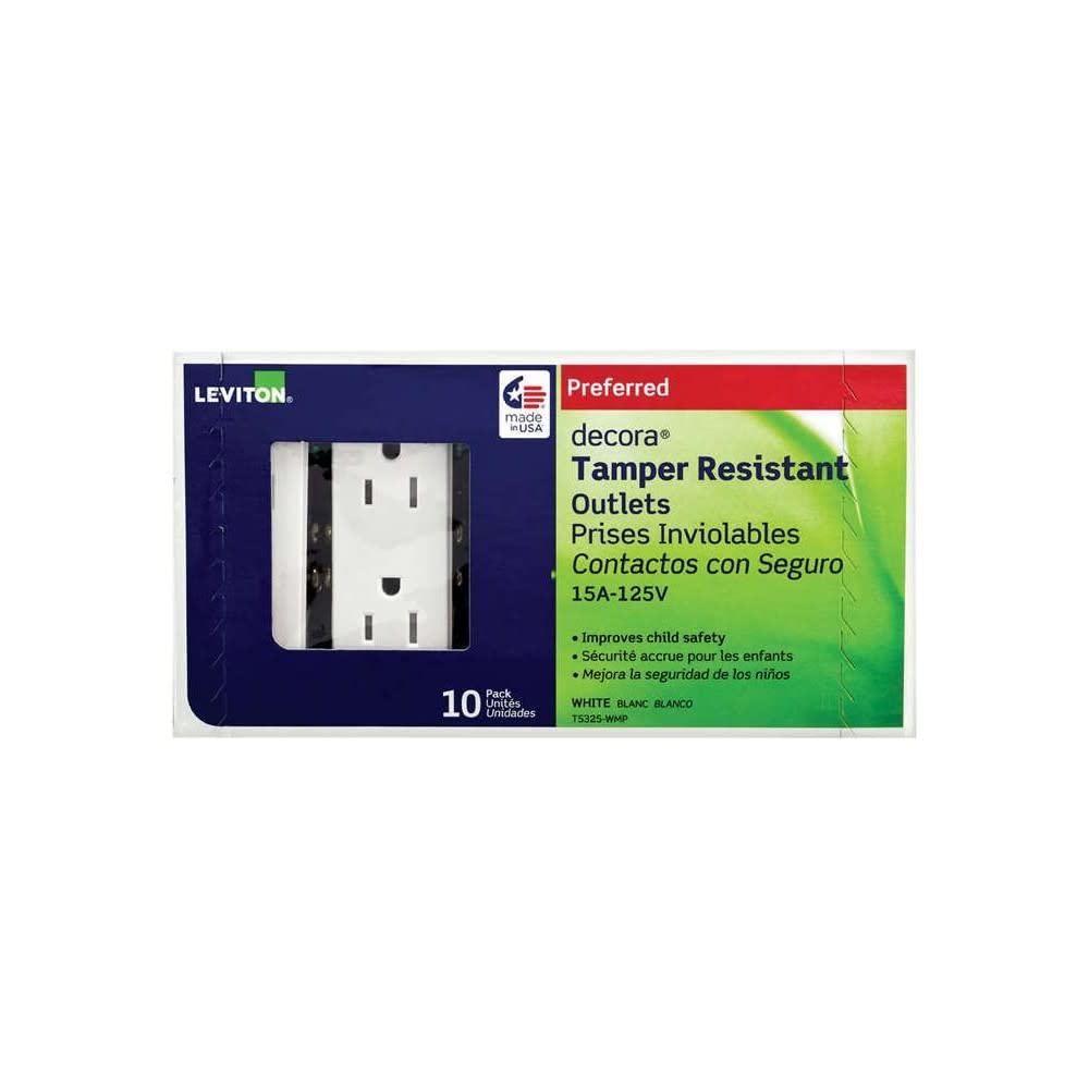 Leviton T5325 15 Amp Decora Tamper-Resistant Duplex Electrical Wall Outlet - White, 10 Pack