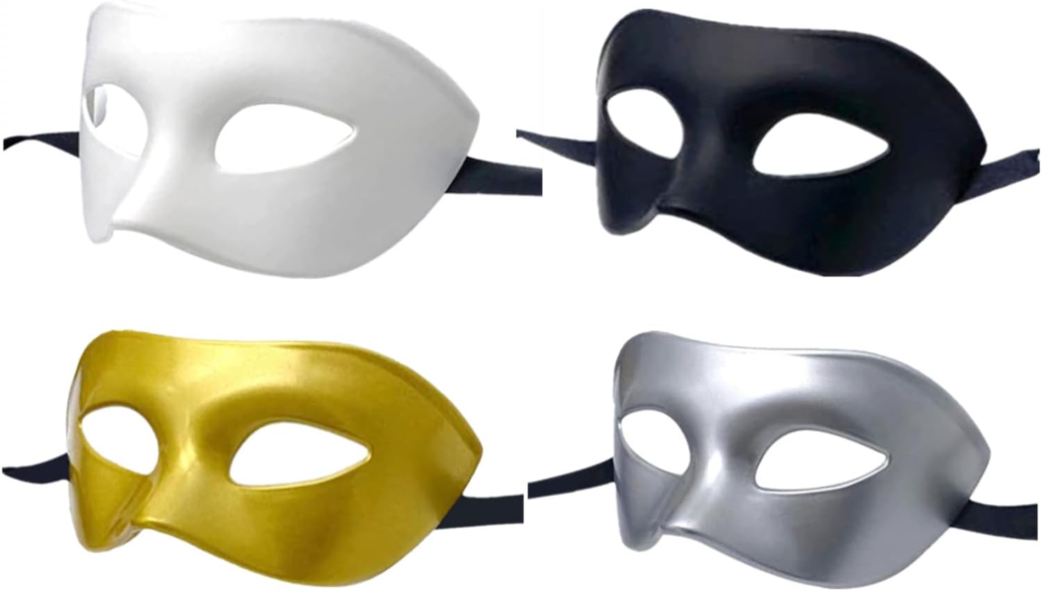 Men Women Masquerade Mask, High Elastic Bendable Plastic Half Face Eye Mask, Solid Color, Suitable for All Prom (Black+White+Gold+Silver)