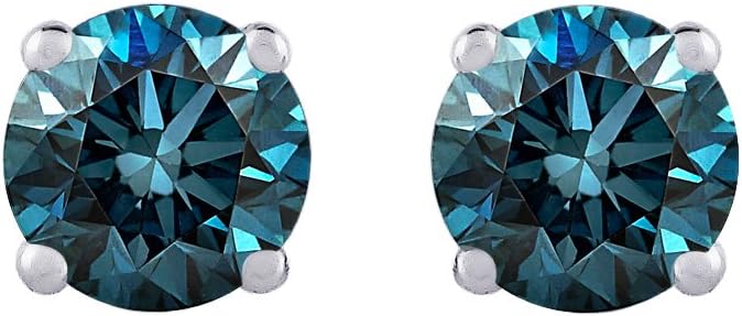 Blue - I1 Round Brilliant Cut Diamond Earring Studs in 14K Gold
