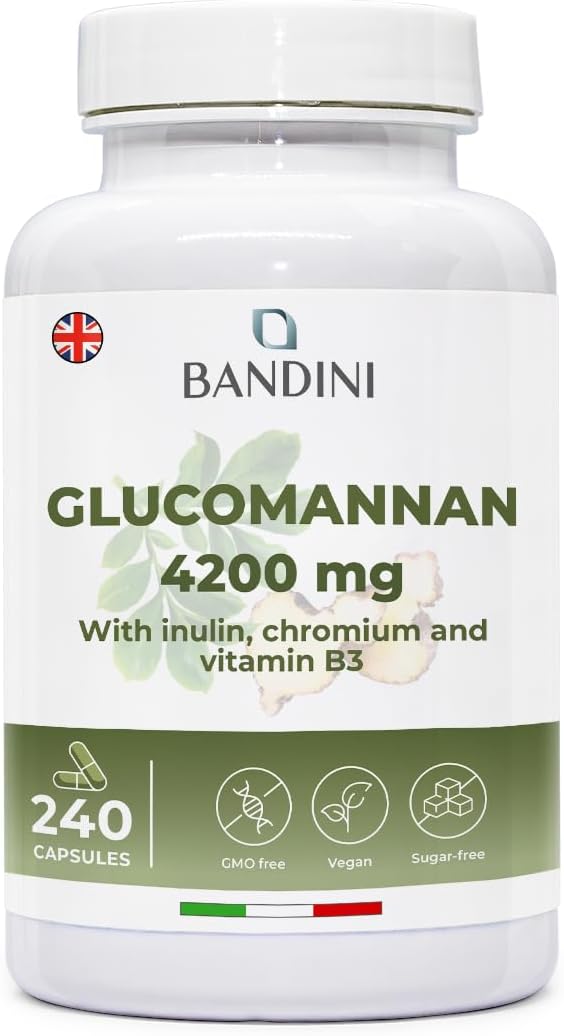 Bandini® Glucomannan from The konjac Root - 4200 mg per Daily dose - 240 Capsules - Optimized with Bacterial Cultures, Chromium, Vitamin B3 and Inulin - High Strength Supplement - Vegan